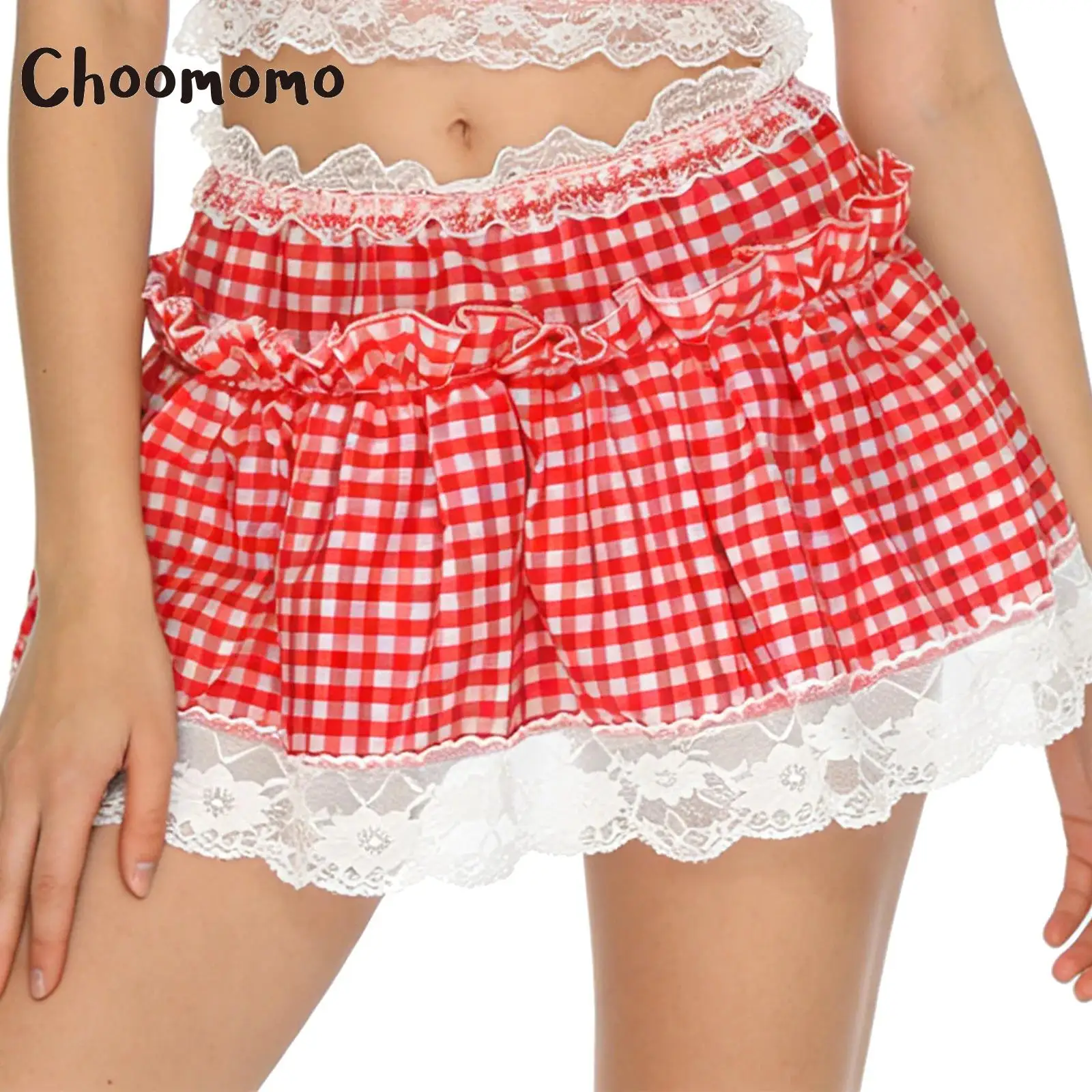 Womens Oktoberfest Plaid Miniskirt Lace Trim Plaid Ruffled Hem Skirt Cosplay Anime Style Lolita Skirt Party Festivals Costumes