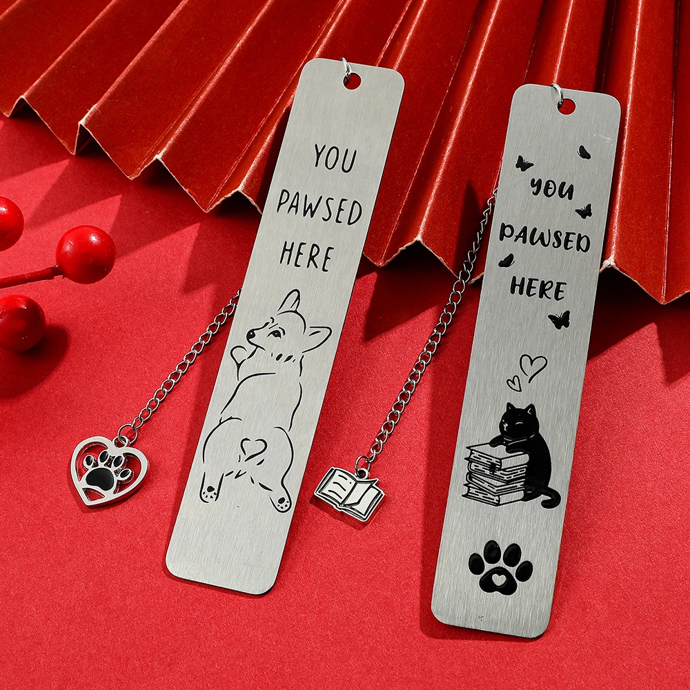 1pcs/2pcs Pet Dog & Cat Stainless Steel Bookmarks, Metal Bookmarks Men & Women Reading Marker Stationery Corgi & Kitten Bookmark