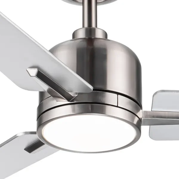 48 cali. Zintegrowany wentylator sufitowy LED w stylu farmhouse, do użytku wewnątrz i na zewnątrz, niklowany, inteligentny, z pilotem.