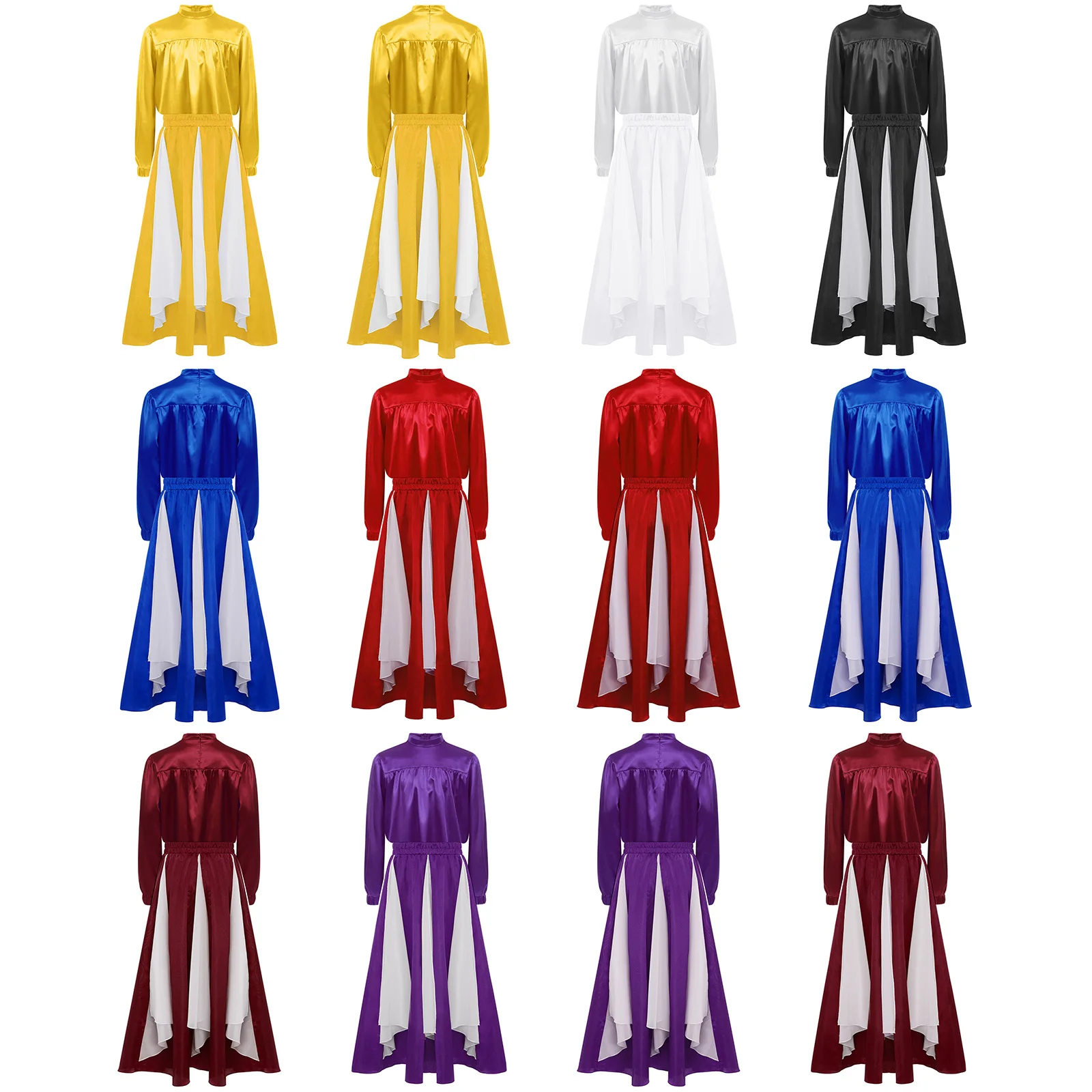 Kids Girls Lyrical Dance Costume Worship Praise Liturgical Choir Prayer Outfit Long Sleeve Zipper Satin Tops with Chiffon Skirt