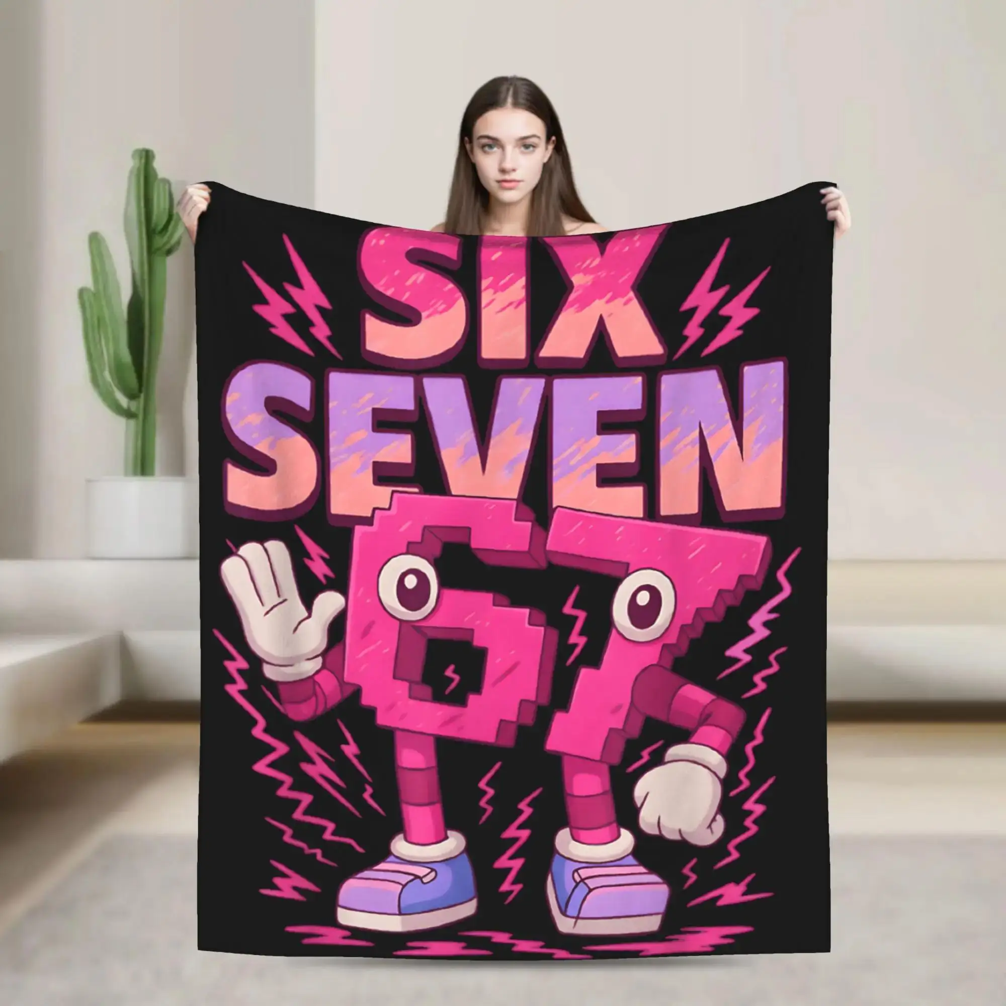 

Розовое плюшевое одеяло с мемами Six Seven в итальянском стиле, забавное, для детей, из мягкого фланеля, для дивана, кровати, дома, комфортное покрывало