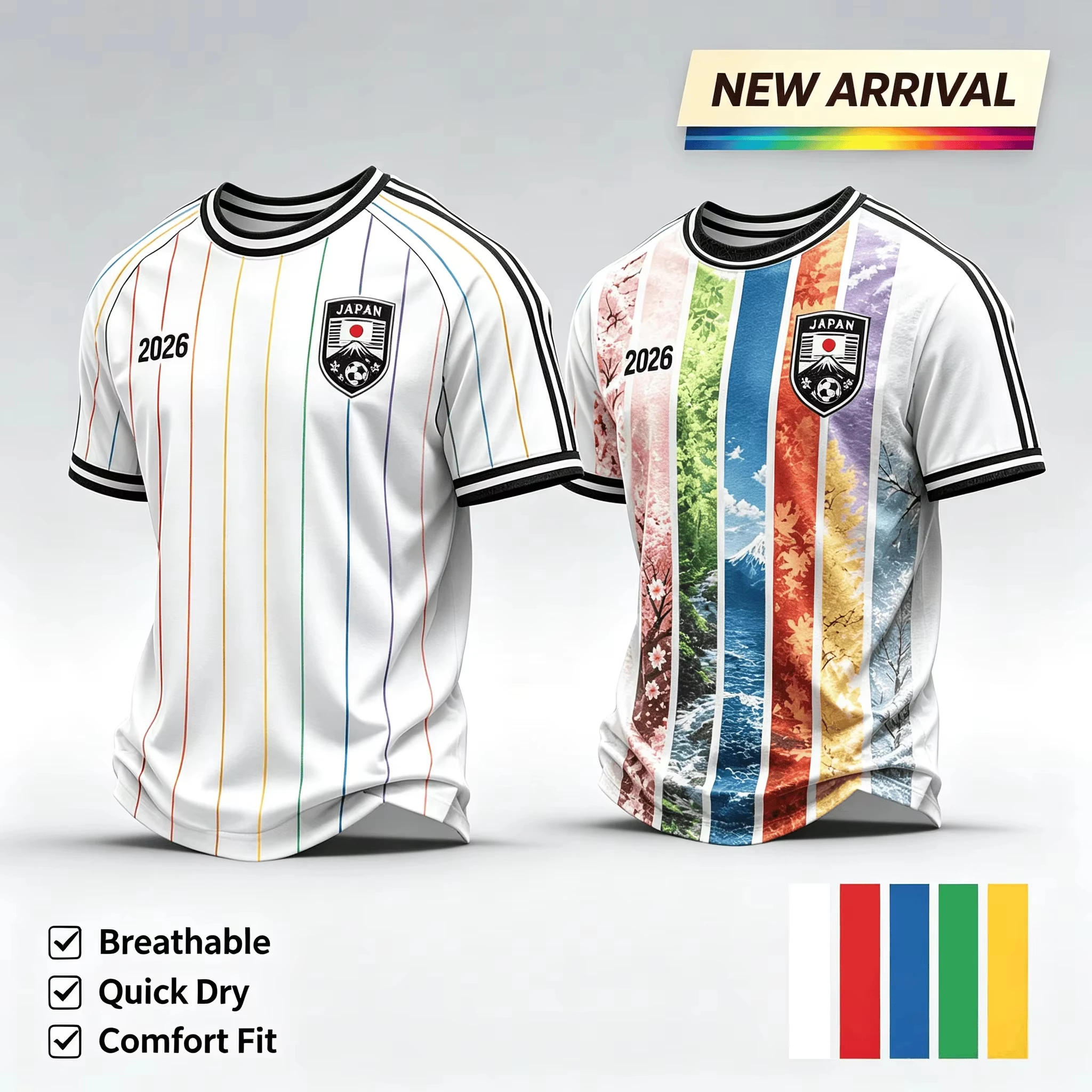 Herren Bedrucktes Fußballtrikot 2026 Japan Kurzarm T-Shirt Wappen Grafik Atmungsaktives Sport-Kinder-Freizeit-Fußball-Tee Fußballtrikot