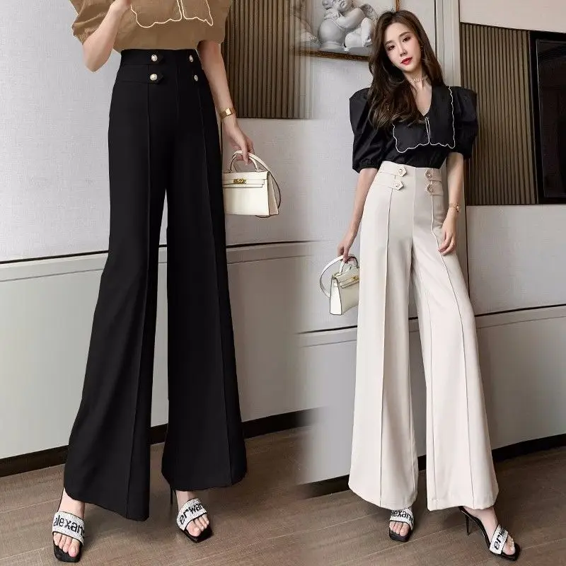 

Women Spring Autumn Simplicity Office Lady Solid Color Wide Leg Ladies Fashion Buttons Straight Elegant All-match Casual Pants