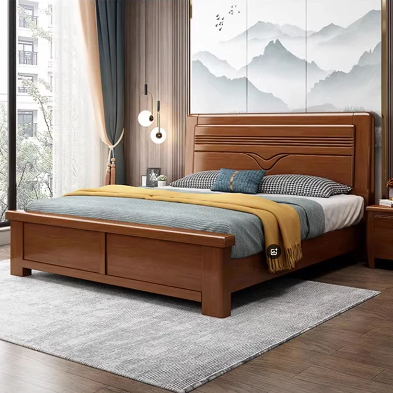 *Economy Modern Simple Vintage Design Bed Frame Chinese Full Solid Rubber Wood Double Bed High Box Storage Master Bedroom Hotels