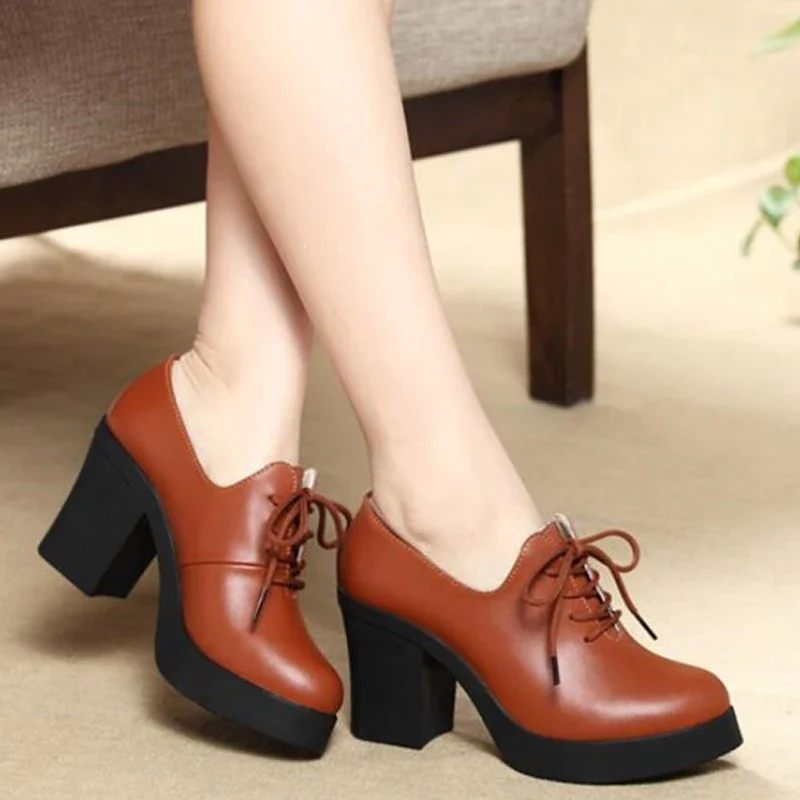 BEYARNE 스플릿 가죽 스퀘어 블록 힐 레이스 업 플랫폼 여성용 펌프 6cm 여성화 Tacones Mujer High Heels Ladies Spring