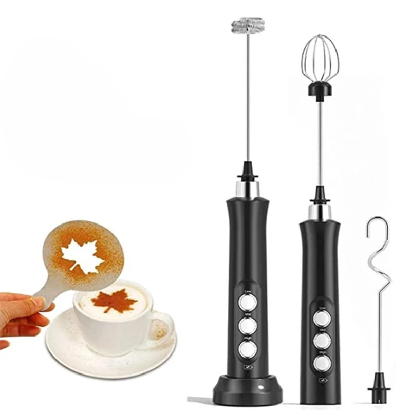 USB Rechargeable Milk Frother Mini Handheld Electric Foam Maker with 3 Speed Whisks for Latte Coffee Cappuccino