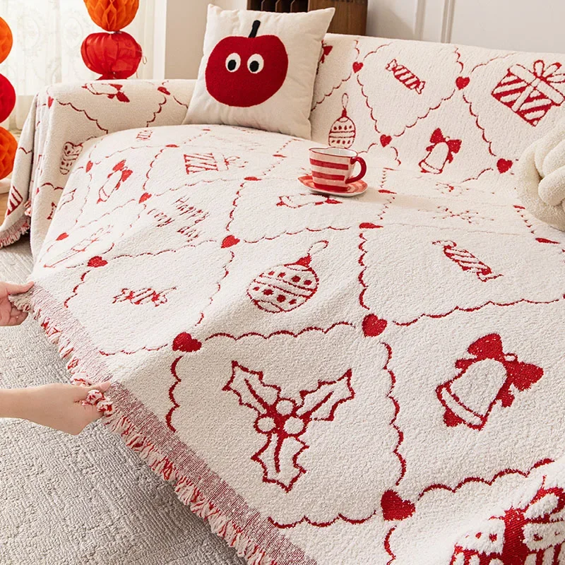 Happy New Year Red Printed Sofa Towel Autumn and Winter Full Cover Couch Cushion for Christmas Cozy Anti Cat Scratch Dust Cover