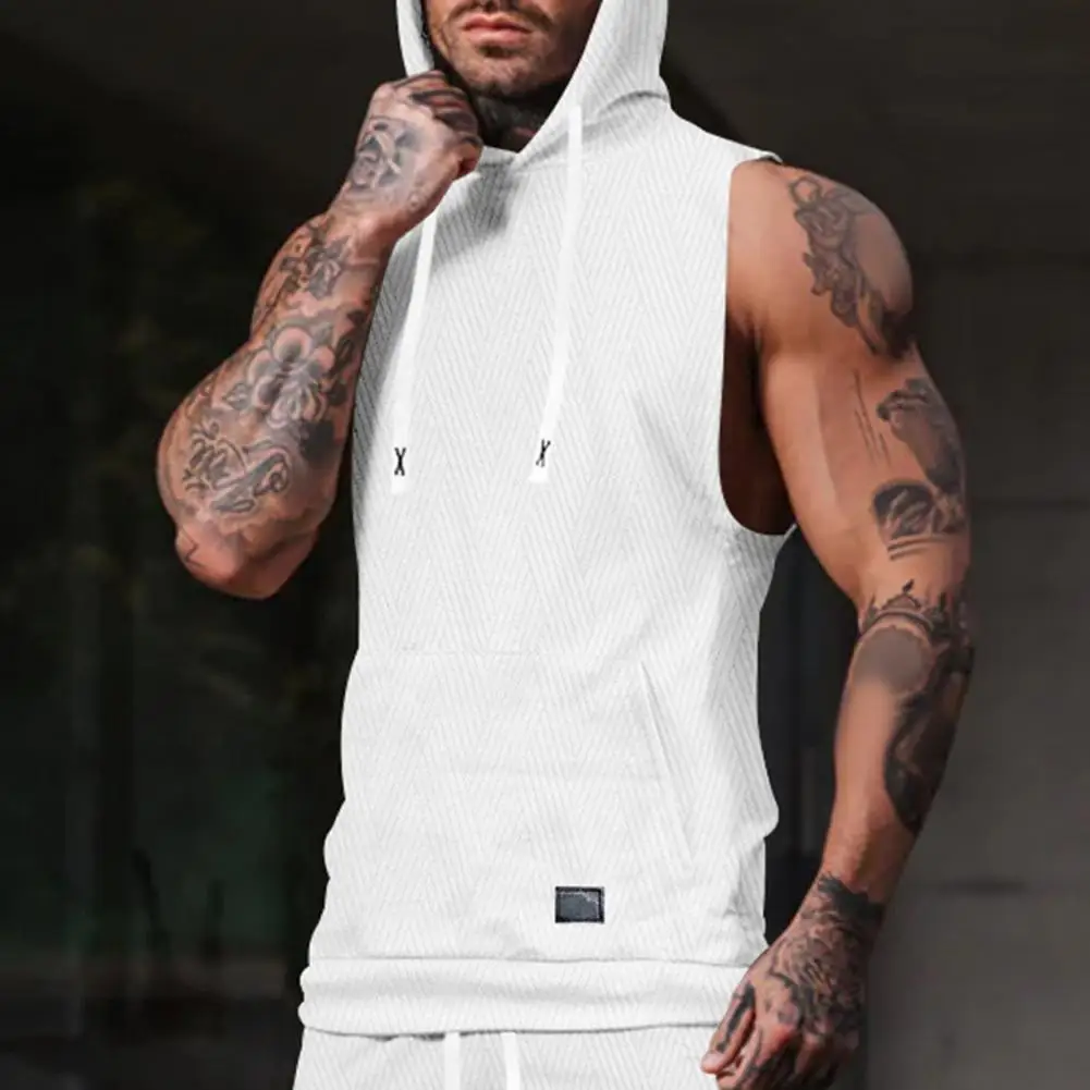 Solid Color Sleeveless T-shirt Men Hooded Vest Men's Casual Hooded Knitted Vest with Front Pocket Large Pockets for Fitness