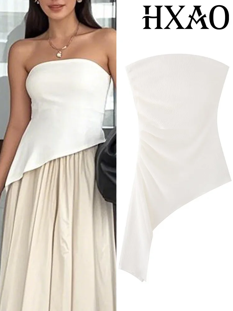 بلوزة HXAO للسيدات ذات ثنيات وكاميس باللون الأبيض قطع علوية ضيقة للسيدات بدون أكمام ورقبة رسن بلوزة أنبوبية