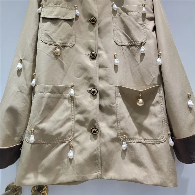 HKSH Herbst Neue Frauen Windjacke Einreiher Multi-tasche Perle Shell Anhänger Verziert Chic Mid-Länge Graben Mantel HK11352