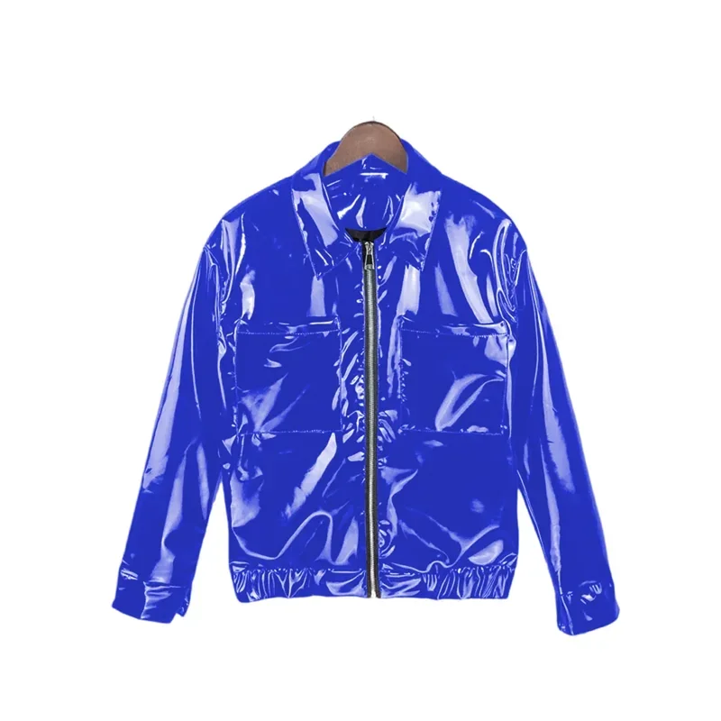 Jaket kulit PVC mengilap pria, jaket kulit, PVC untuk pria, kerah lipat, pakaian klub, kostum pertunjukan panggung, mantel lengan panjang, ritsleting,