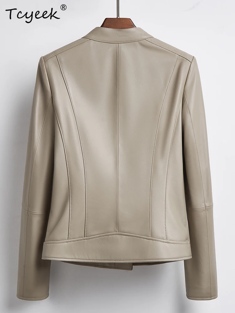 Tcyeek Sheepskin Women Leather Jacket Spring Autumn Stand Up Collar Long Sleeve Light Gray Short Motorcycle Coat Chaqueta Cuero