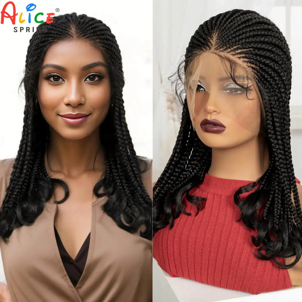 Full Lace Cornrow Braided Wig with Wavy Ends 18in Synthetic Braided Lace Wig with Baby Hair Knotless Braids Wigs for Black Women