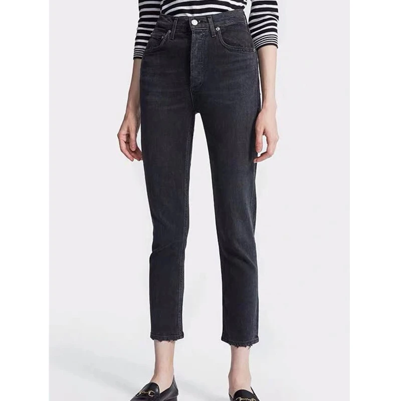 

Maxdutti American Retro High Waisted Mom Jeans Women's Denim Pants Minimalist Dark Gray Straight Leg Slim Fit Cropped Jeans 2026
