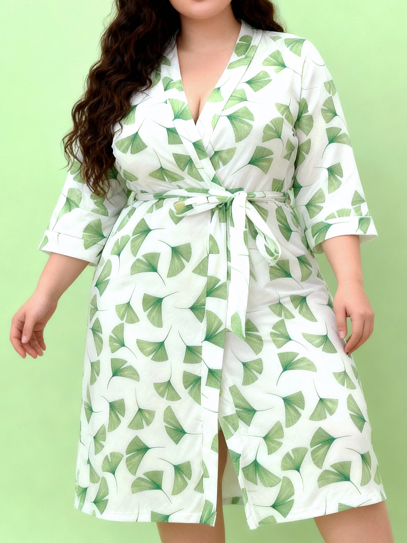 

Plus Size Women's Spring Summer Elegant Ribbed 3/4 Sleeve Botanical Print Bathrobe Loungewear Robe