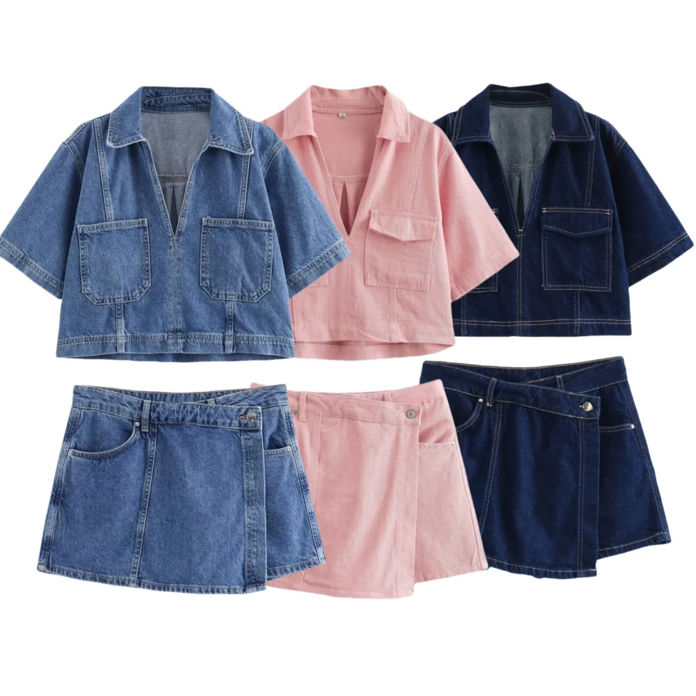 Women\'s casual denim suit V-neck short sleeve loose shirt high waist button shorts skirt fashion 2024 summer fashion suit