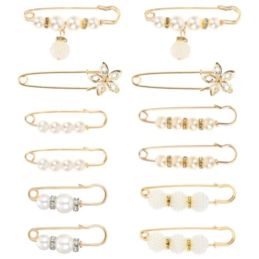 

12 Pcs Pearl Decorative Safety Pins, Pearl Brooch Pins for Women, Faux Pearl Shawl Pin, White Pearl Hat Pins for Women, Pearl D