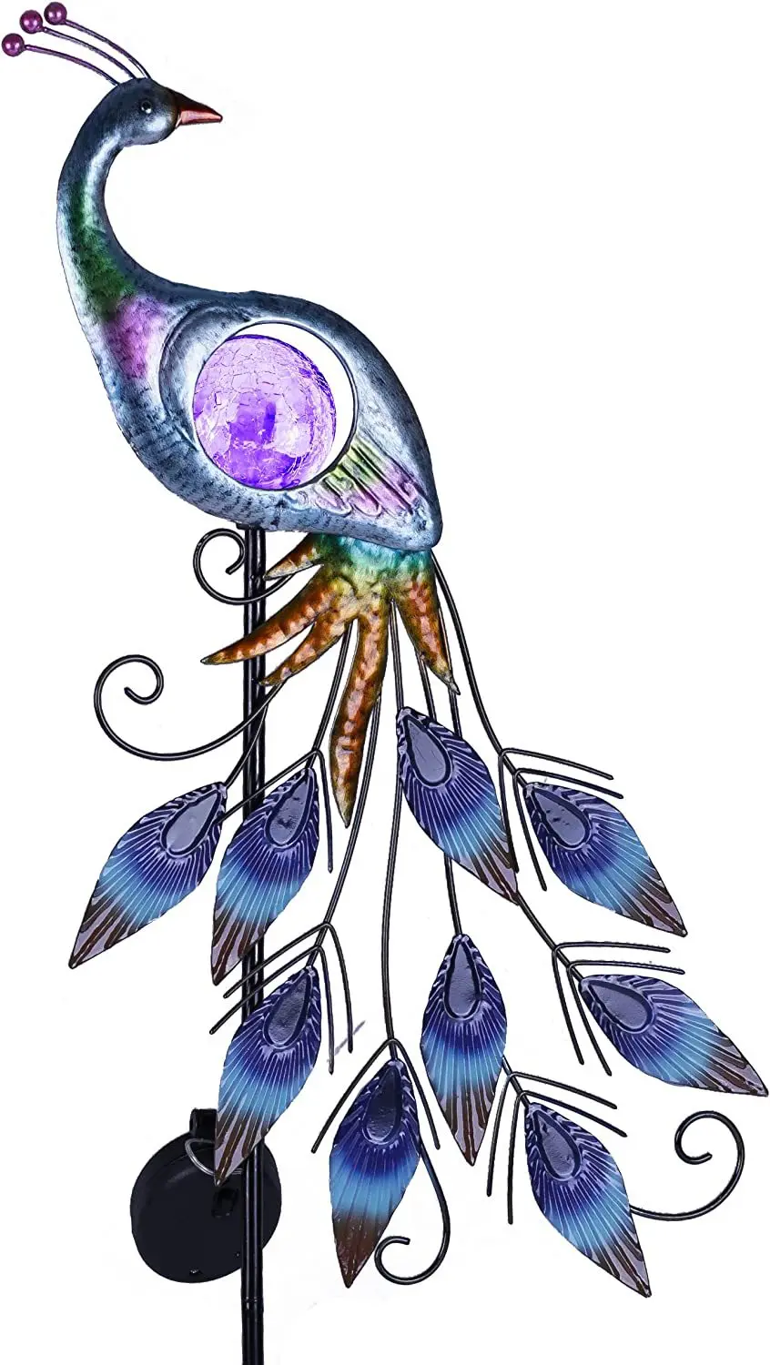 

Decorative Metal Peacock Solar Lights with Crackle Glass Globe - Weather-Resistant Outdoor Garden Ornament, Solar-Powered LED La