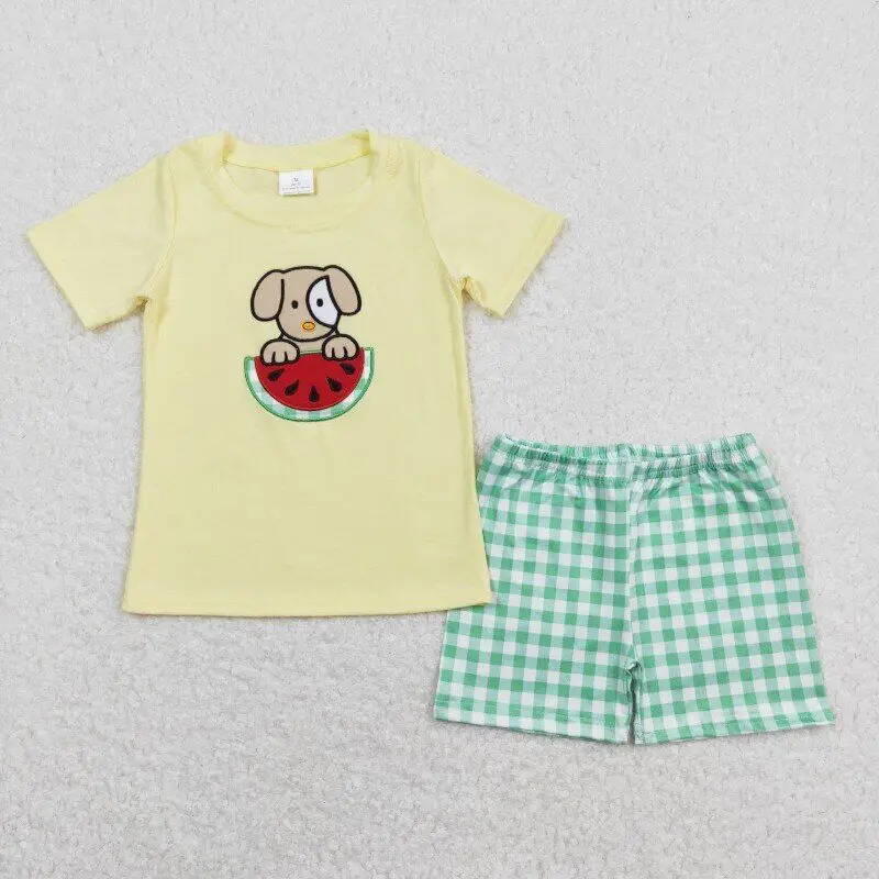 

RTS Baby Boys Dog Watermelon Embroidery Toddler Short Sleeve Tee Shirts Top Cotton Pants Pajamas Summer Boutique Clothing Sets