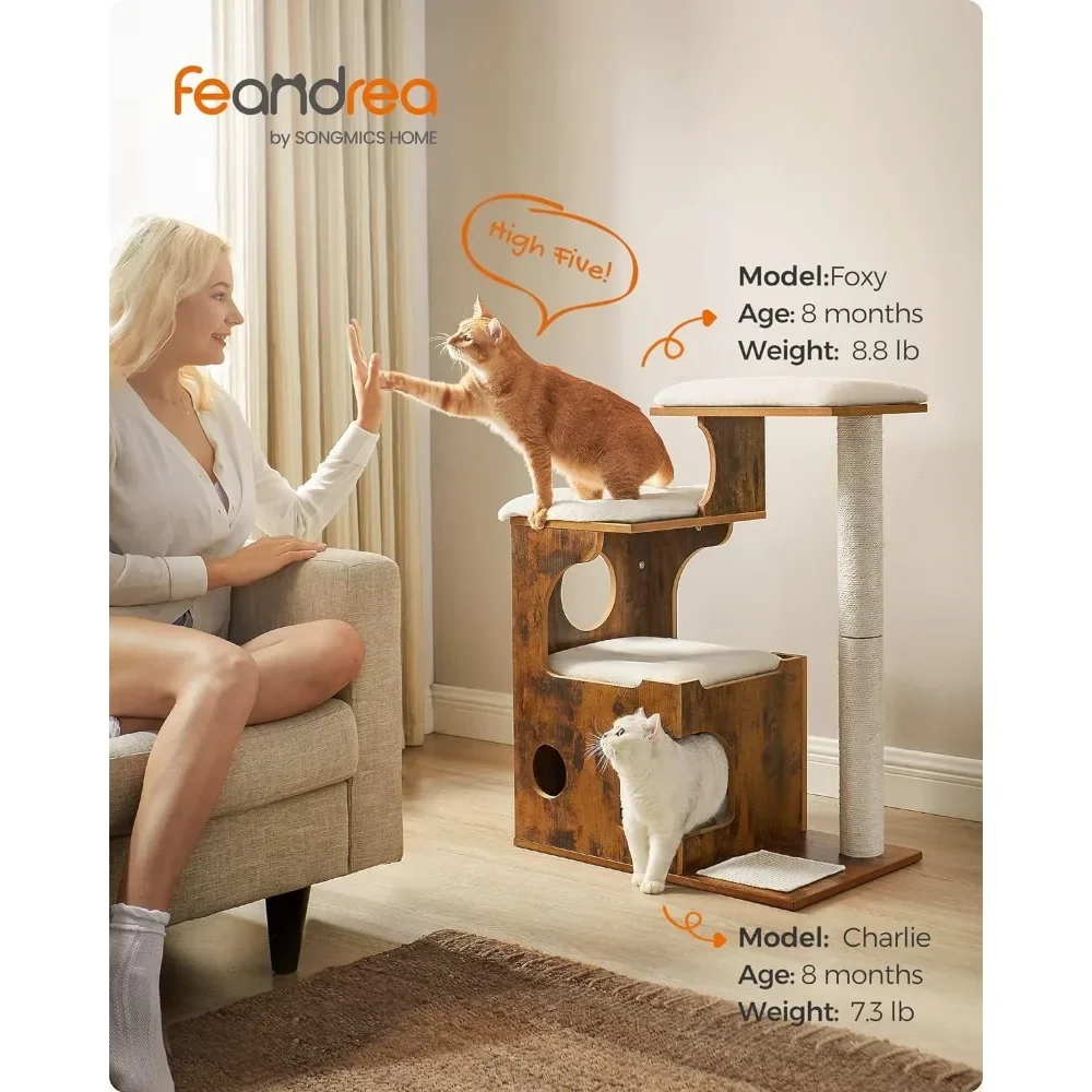 Imagem -02 - Cat Tree Médio com Camas e Cave Cat Condo Feito de Mdf Folheado de Madeira Vintage Freight Pet Products