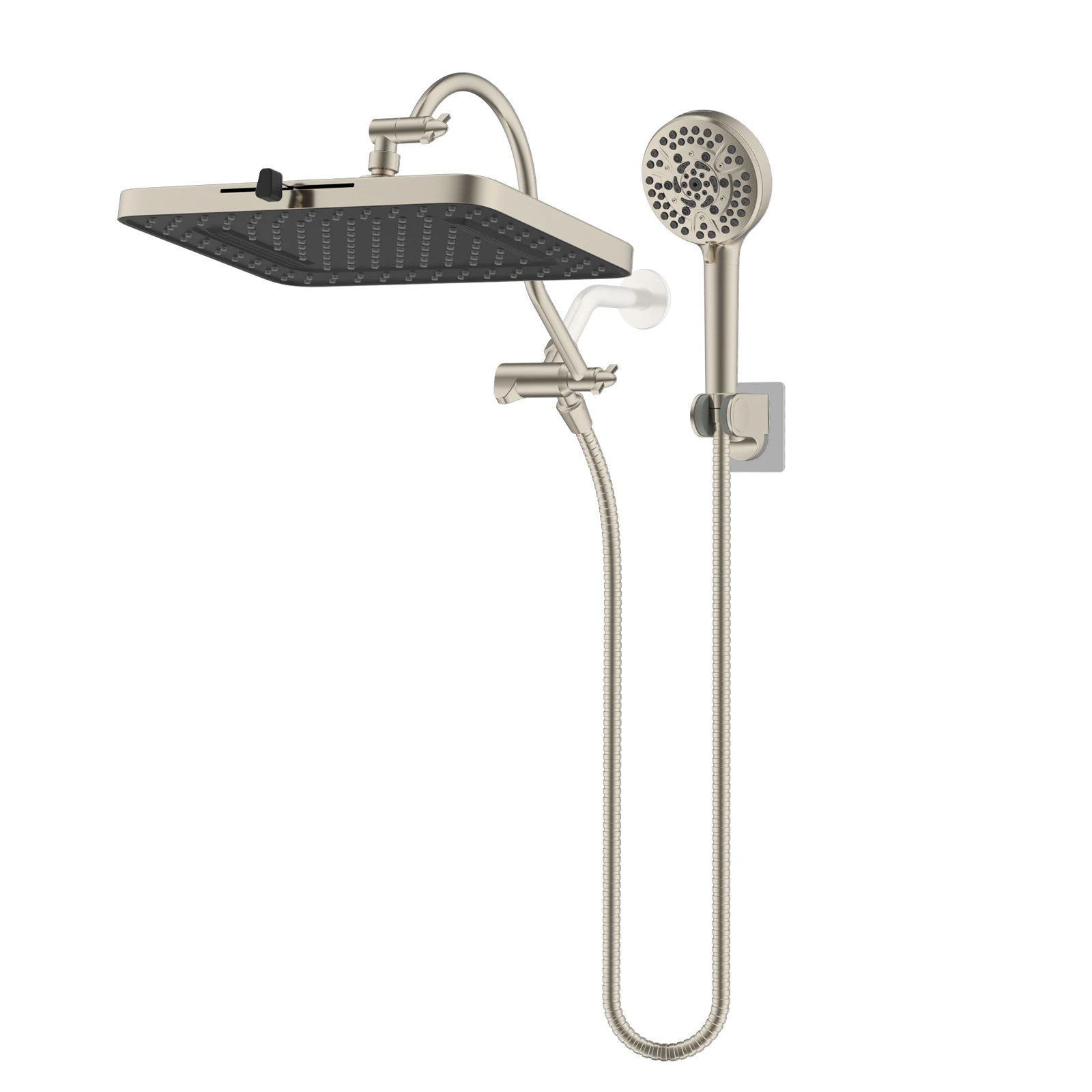 

Hibbent 5-spray 13'' Shower Head, Dual Showerhead Combo with 10-mode Handheld Spray, 12'' Adjustable Extension Arm