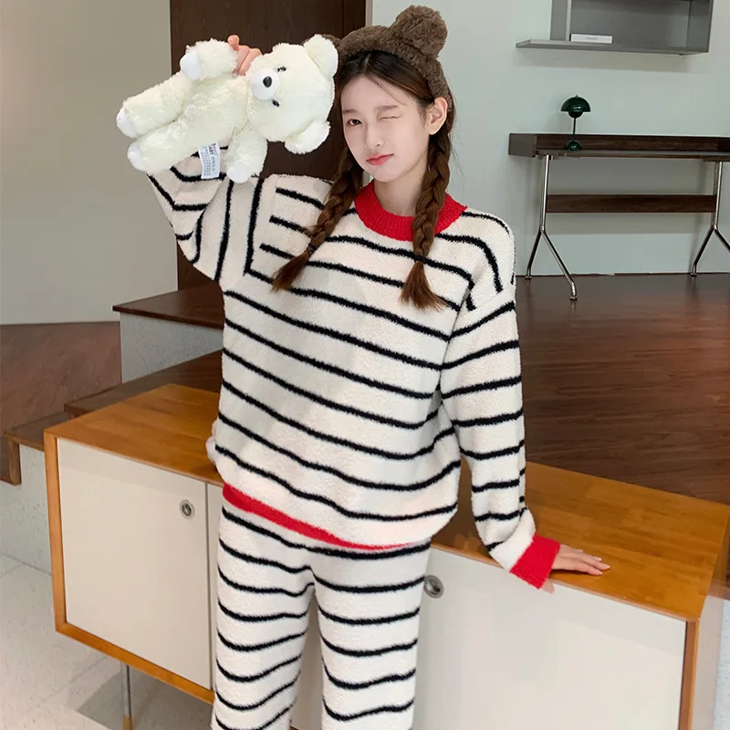 Sweet Girls Striped Feather Yarn Soft Women Pajamas Set Winter Thick Warm Velvety Nightwear Female Pullover Ins Home Clothes