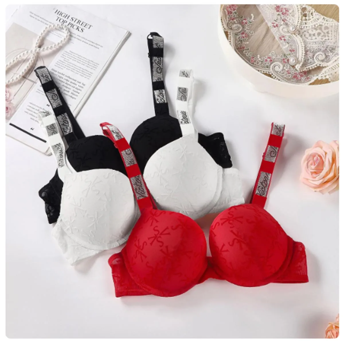 Rhinestone Letter Bra and Underwear Set Sexy Women\'s Underwear 2-piece Set Push Up Underwear Luxury Comfort Plus Size Bra Wholes