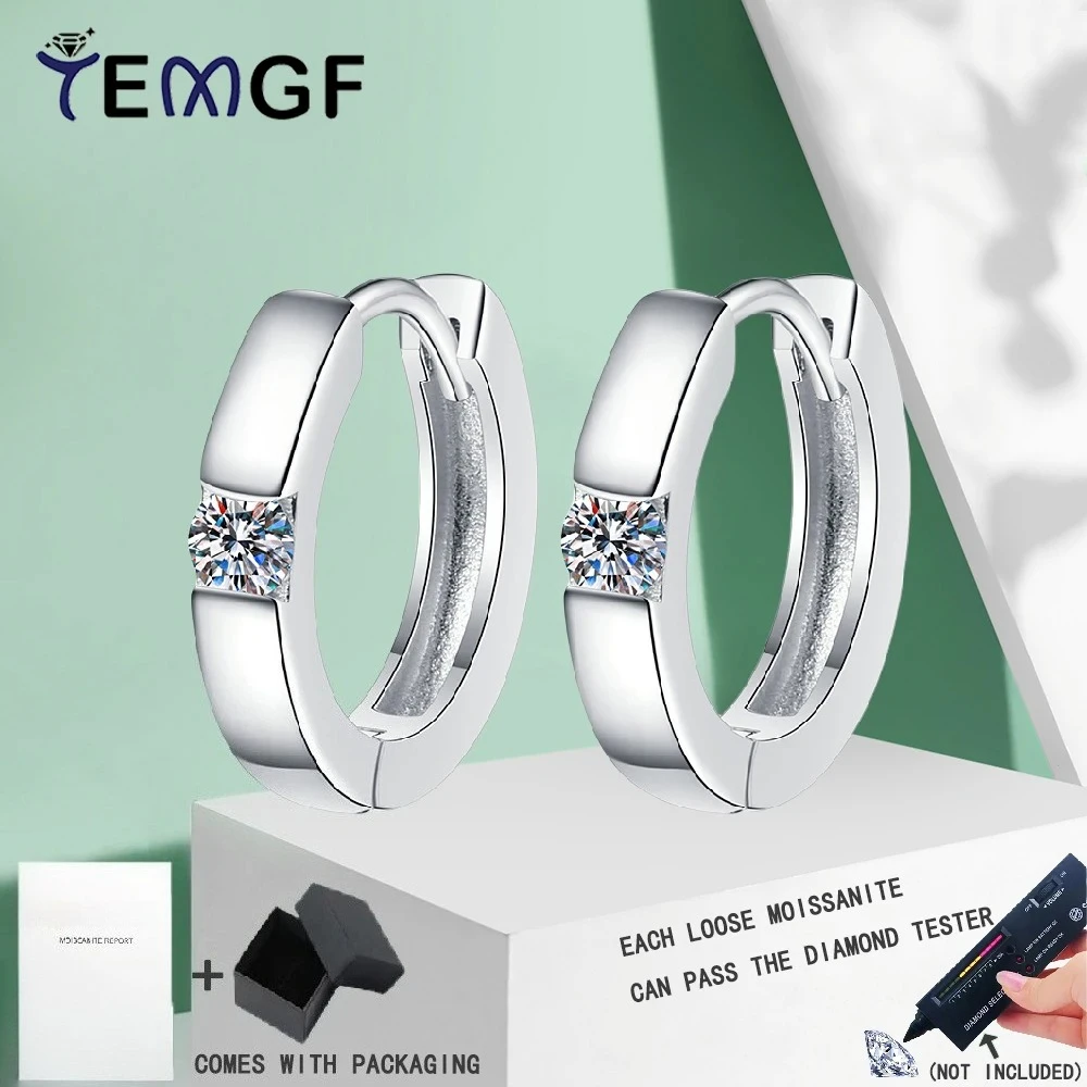 

TEMGF 100% Moissanite Hoop Ear Studs GRA Certification Fine Jewelry Simple 925 Sterling Silver Cool Earrings for Women Men