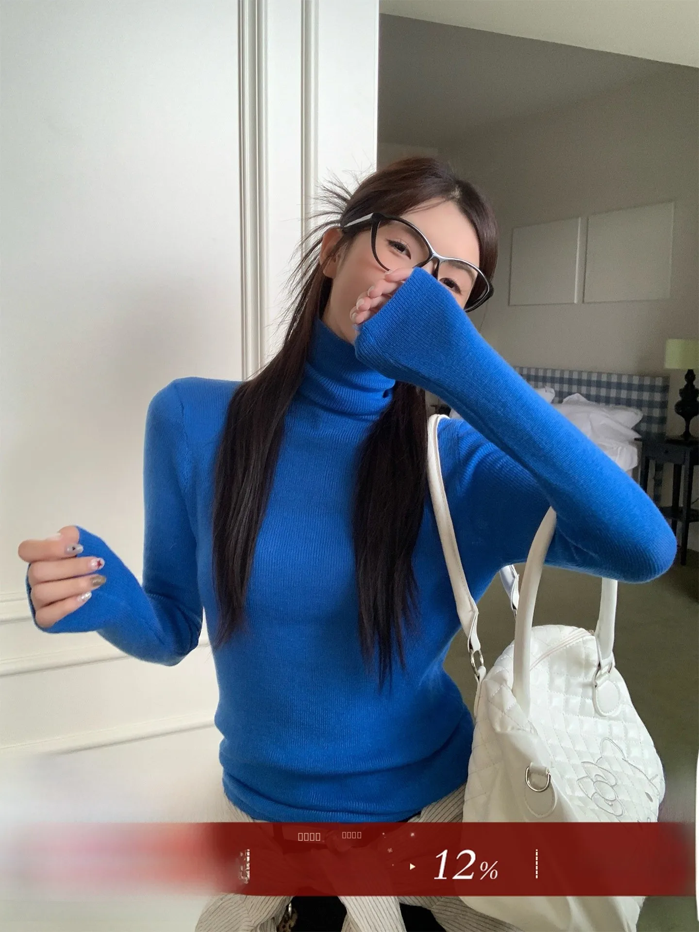 

Susu San Klein Blue Knitted Sweater Women's Autumn Winter High Collar Inner Wear Base Layer irt Soft Wool Long Sve Commu...