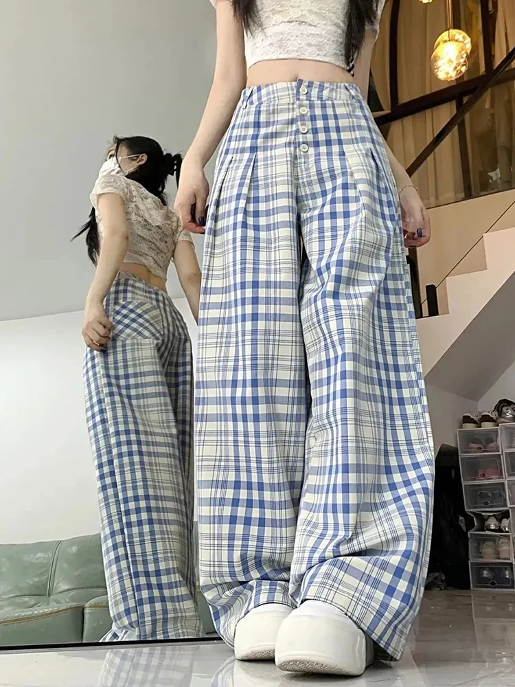 

Women Sweet Plaid Wide Leg Pant Summer Fashion High Waist Loose Casual Trousers New Female Elegant All Match Chic Ins Pants