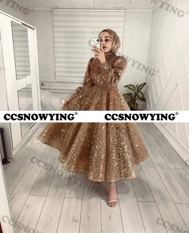 

Muslim Sparkly Sequin Beaded Evening Dresses Islamic Long Sleeve Hijab Formal Party Gown Arabic Dubai Women Moroccan Caftan