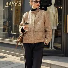 

Summer new fashionable stand up collar long sleeved loose sequin jacket commuting sequin top