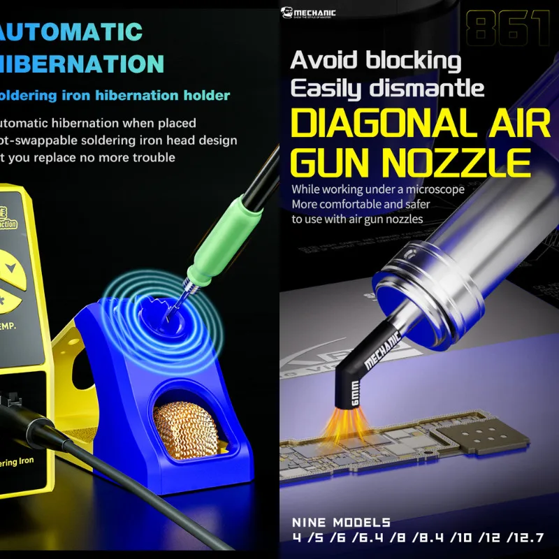 

Professional MECHANIC 861DS Soldering Station Diagonal Anti-Blocking Air Nozzle 3 Temp Channels Storage & Brushless Vortex Fan