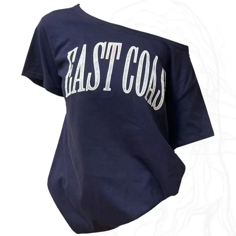 Off-shoulder T-shirt voor dames Koreaanse stijl Dames blauwgroen grafisch T-shirt Extra lang shirt Zoete wasbare aanscherping Strandbovenkleding