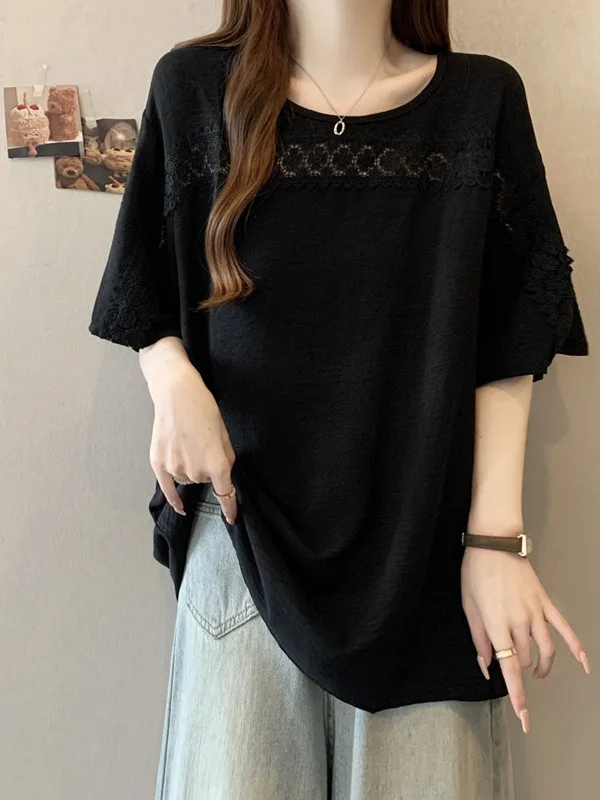 

plus Size Women's T-Shirt Lace Patchwork Short Sleeve Princess Style Sweet Wind Loose Fit Summer Top Belly Covering Hollow out
