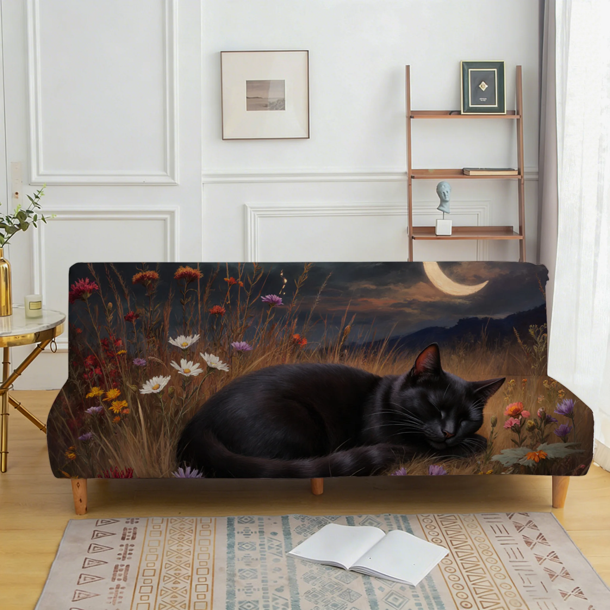 

Накидка на диван с принтом «Цветы лунного света» и кошками, универсальный эластичный чехол для дивана в гостиную, полноразмерный.