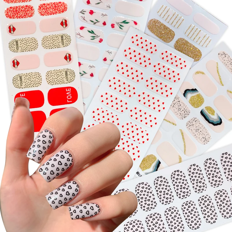 New 16Tips Gold Full Cover Nail Sticker Self-Adhesive Press On Flower French Simple Full Nail Wraps Manicure NAil Art Making