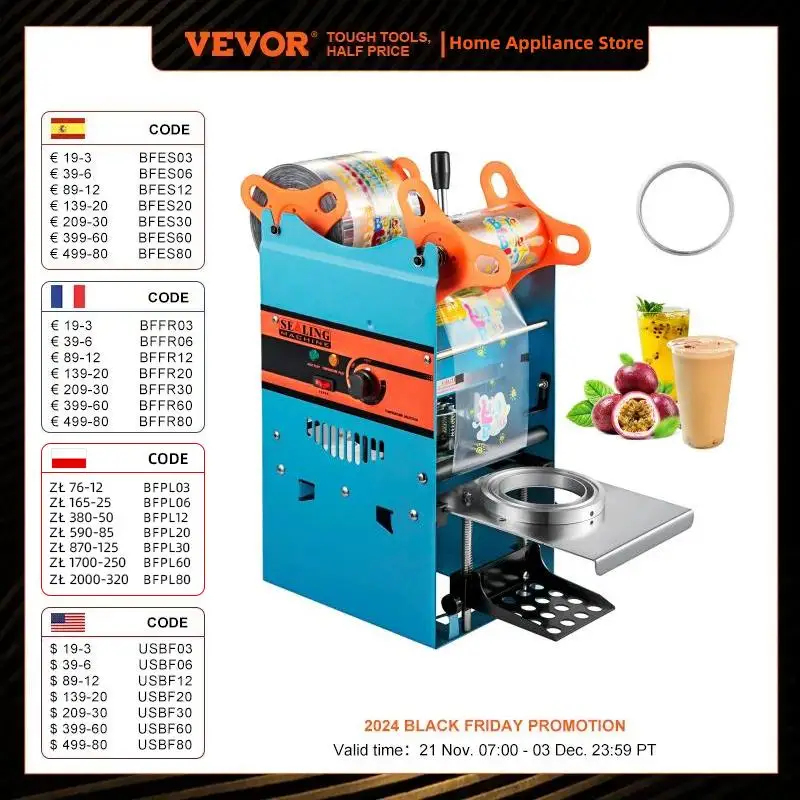 VEVOR Manual Cup Sealing Machine 300-500 Cups/Hour Accurate Control Panel Heavy Duty for 90/95 MM Diameter Drinks Cup Sealer