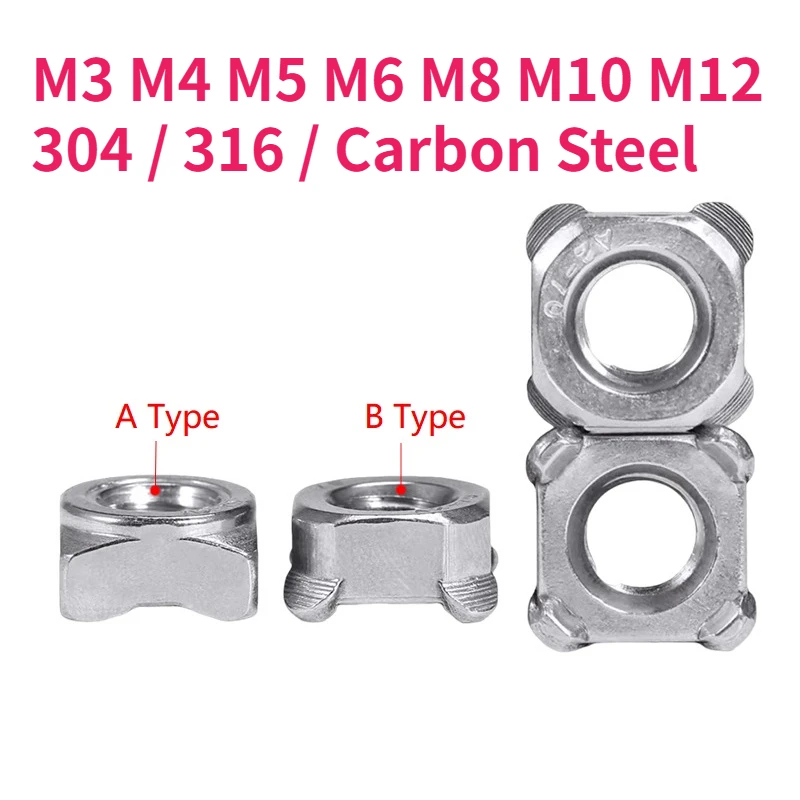 M3 M4 M5 M6 M8 M10 M12 304 / 316 Stainless Steel / Carbon Steel Din928 Square Weld Nut / Four Corner Spot Welding Soldering Nut