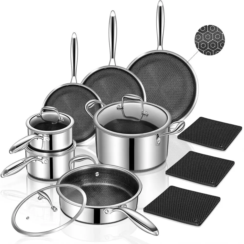 

Набор посуды Hybrid Stainlokware из 14 предметов, антипригарные кастрюли и сковороды с 3 силиконовыми подставками | Сковороды, совместимые с индукционными плитами, и кастрюли.