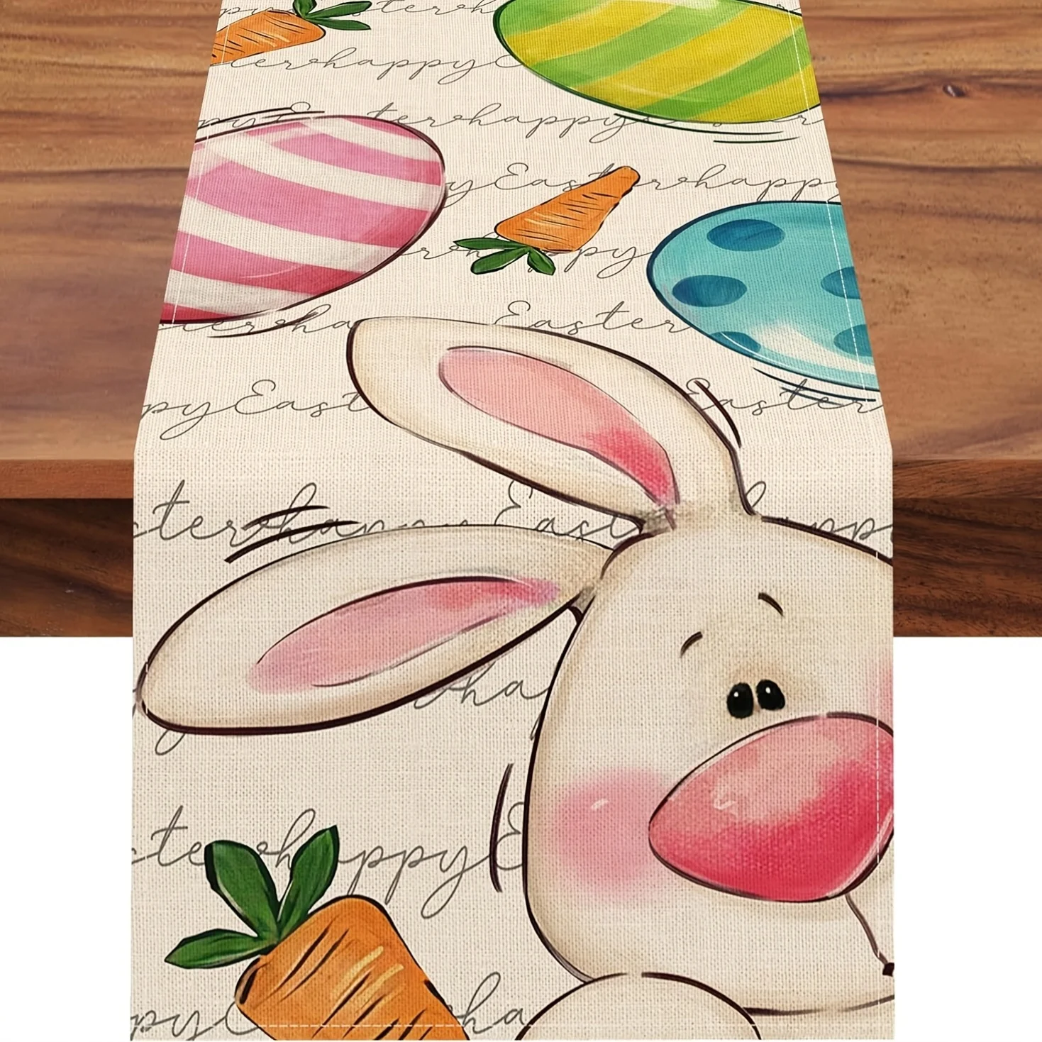 Happy Easter Bunny Table Runner - Cute Rabbit Egg Carrot White Linen Burlap Decor for Indoor Outdoor Farmhouse Dining