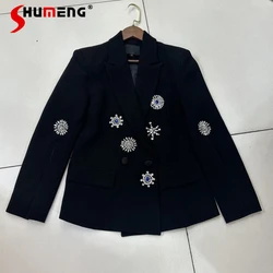 Chaqueta de traje de estilo americano y europeo para mujer, Blazer de manga larga con cuentas de diamantes, abrigos negros, ropa de otoño, 2024