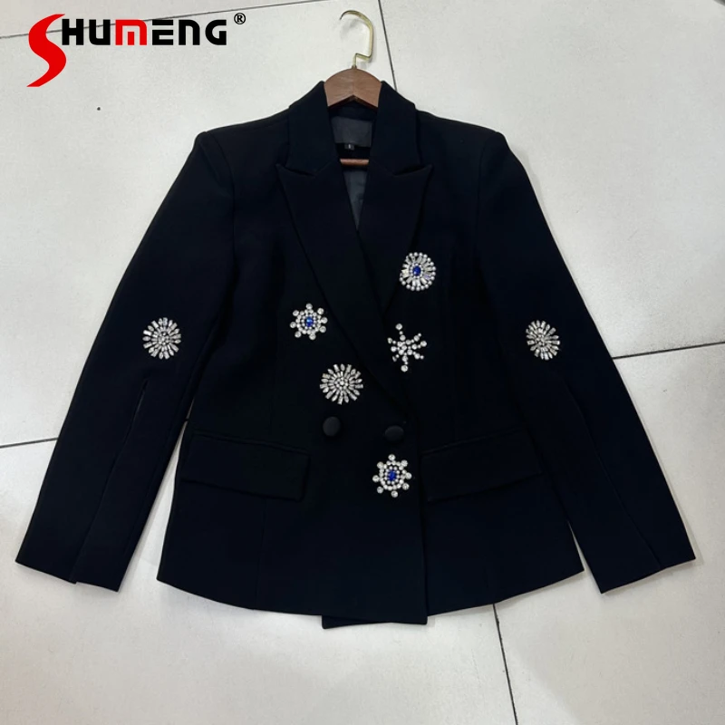 2024 Autumn European American Style Suit Jacket Heavy Industry Beaded Diamonds Blazer Long Sleeves Black Coats Women's Clothing