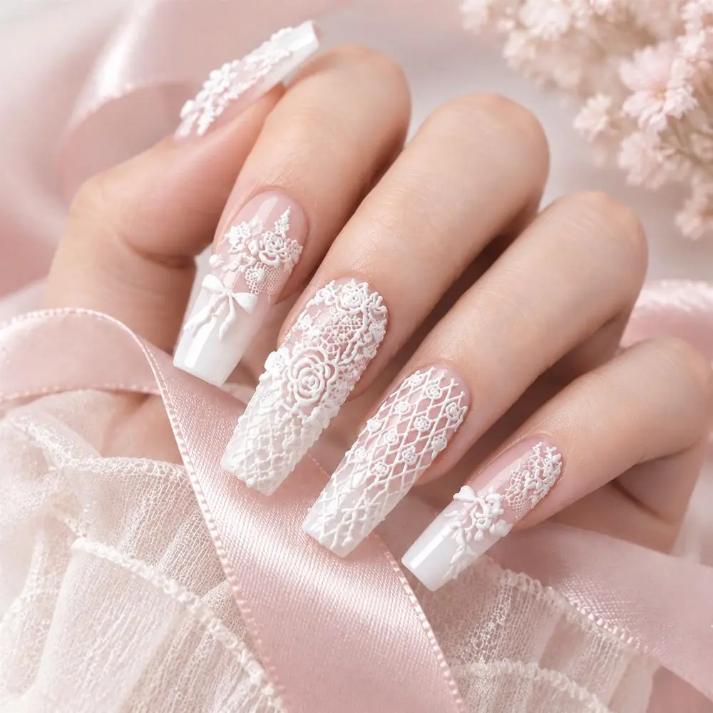 1Pc 5D Embossed White Lace Nail Decals Bow Pearl Chain Bridal Wedding Nails Self Adhesive Sliders DIY Manicure Art Decor