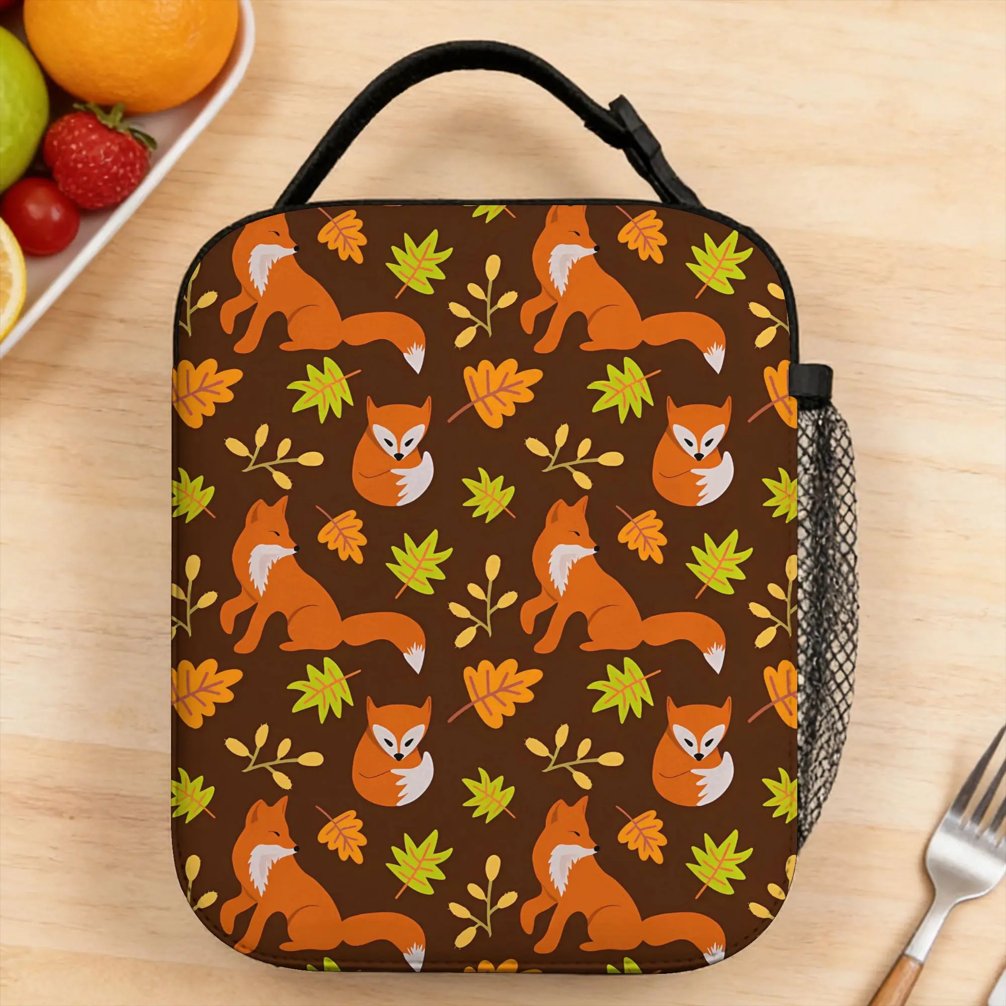 Cute Foxes Brown Autumn Leaves Lunch Bag Casual Outdoor Picnic Lunch Box Graphic Design Portable Zipper Thermal Tote Handbags
