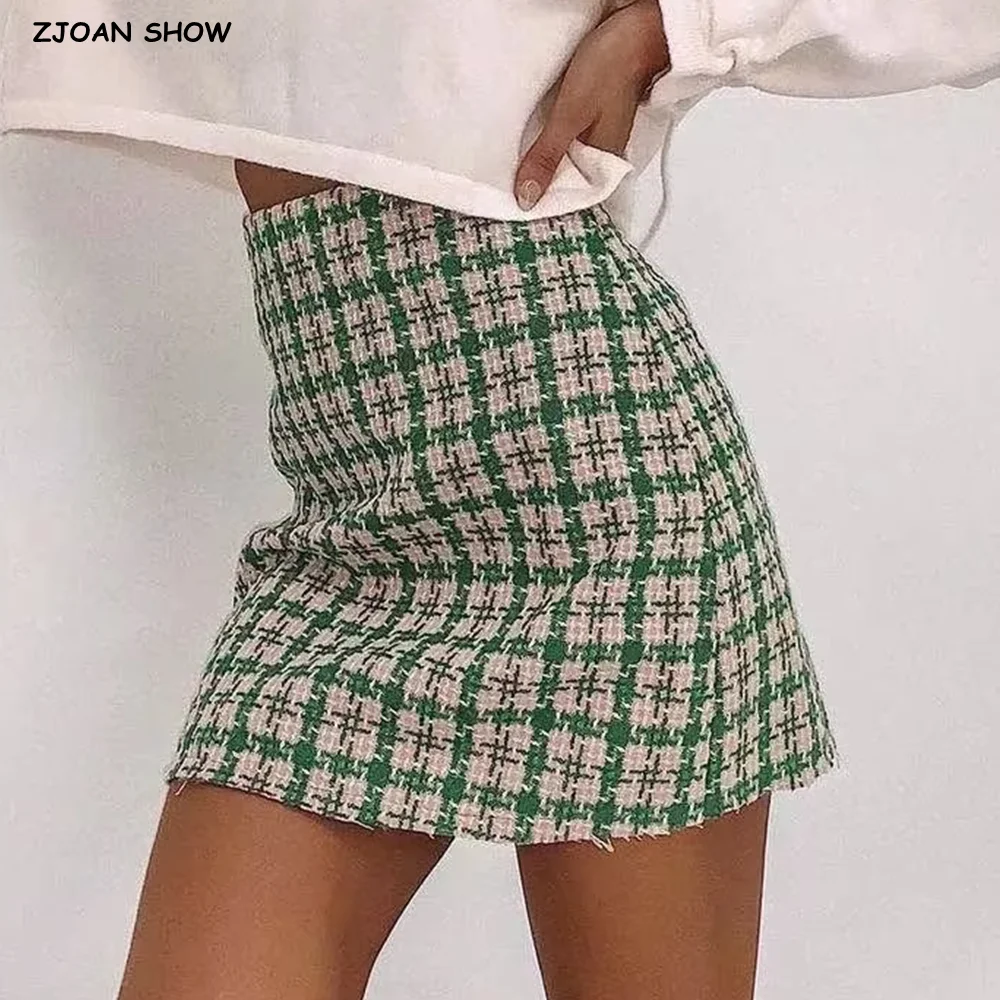 

2025 женская твидовая мини-плиссированная юбка с высокой низкой талией и узором «гусиные лапки», короткие юбки трапециевидной формы с молнией сзади, Femme
