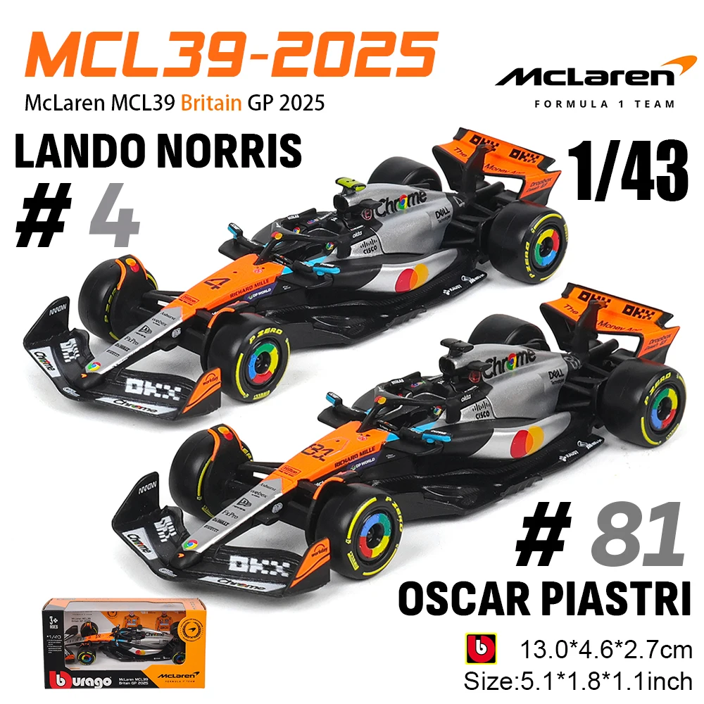 

Bburago 1:43 2025 F1 McLaren MCL39 champion player #4 Lando Norris #81 Oscar Piastri UK Station alloy car die casting model toy