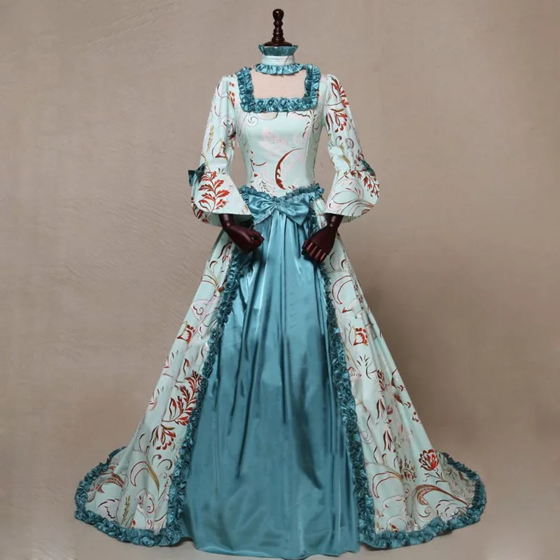 

European Retro Style Long-sleeved Printed Temperament Court Vintage Evening Dress Large Trumpet Sleeve Dress Play Costumes