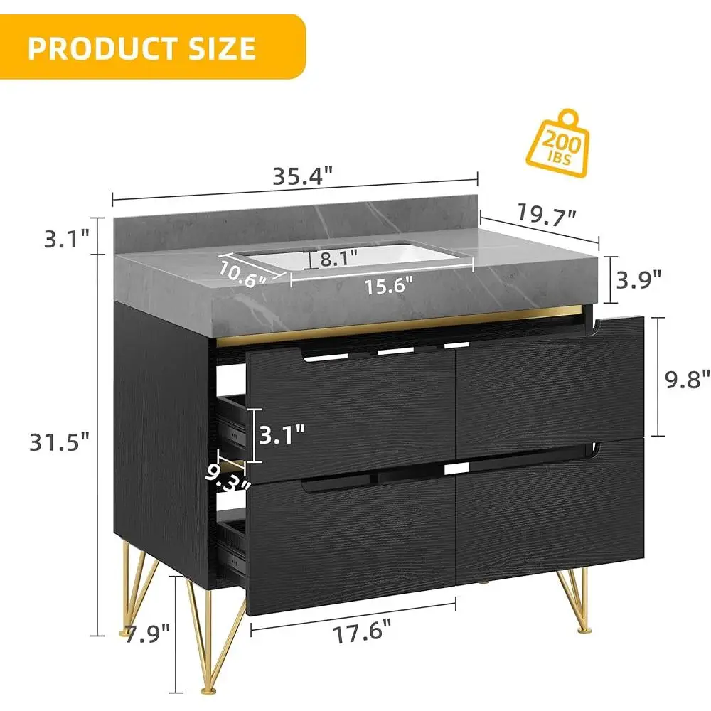 36 Inch Bathroom Vanity with Sink Soft Close Drawers Sintered Stone Countertop Pre-assembled Cabinet Wear-resistant Freestanding