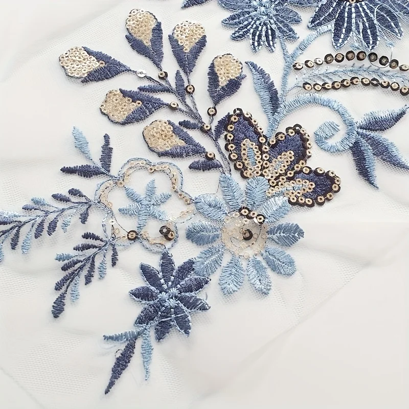 زوج واحد، فستان مطرز من قماش الدانتيل بالترتر الأزرق مع ياقة مزخرفة، رقعة خياطة شبكية مناسبة لتزيين الزفاف بنفسك